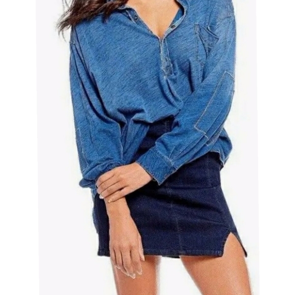 Free People Femme Fatale Mini Dark Denim Blue Split Hem Pull-On Skirt Sz Sm - Picture 3 of 16